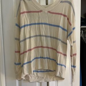 American eagle v neck sweater cream color with blue and red stripes